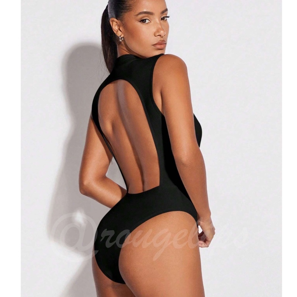 Black Cut Out Back Bodysuit Backless High Hip  High Neck, Sleeveless